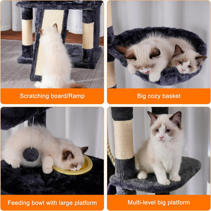 Cat Tree, 71-Inch Tall Tower for Indoor Cats with 2 Perches, 2 Big Condos, 2 Hammocks, Basket, Scratching Pad, Large Cat Furniture and Condo, Green HCT034GR