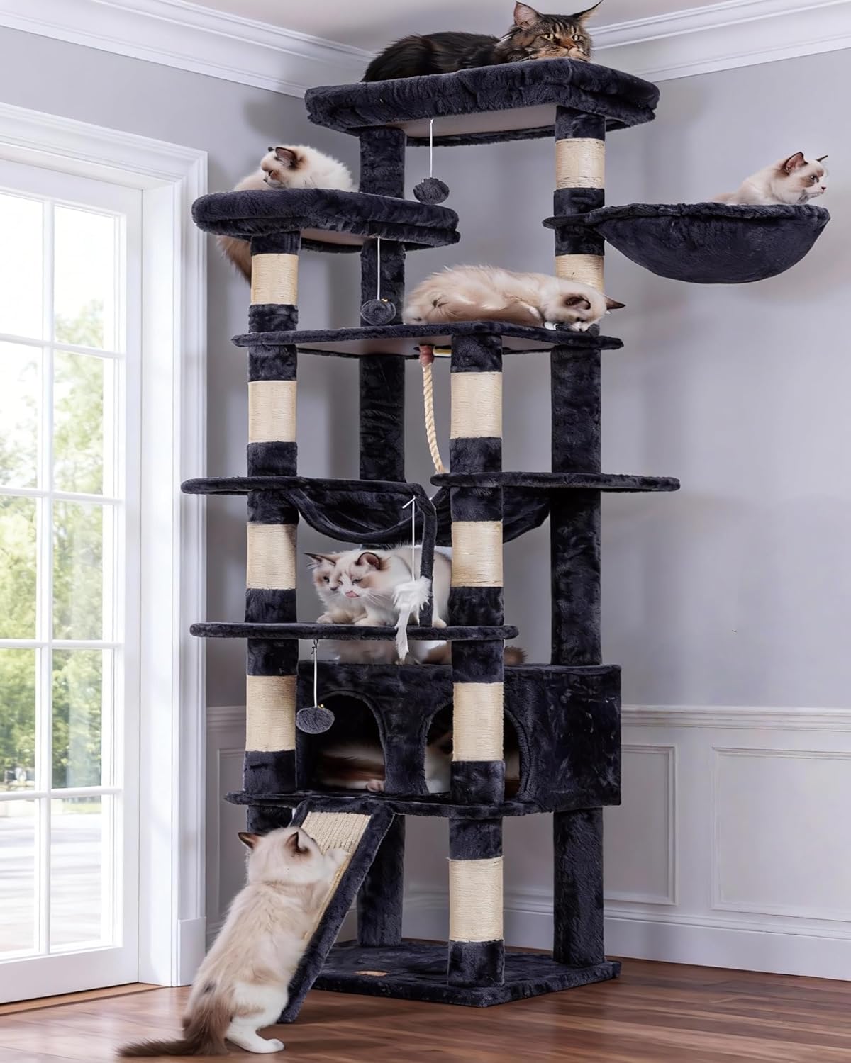 Cat Tree, 71-Inch Tall Tower for Indoor Cats with 2 Perches, 2 Big Condos, 2 Hammocks, Basket, Scratching Pad, Large Cat Furniture and Condo, Green HCT034GR