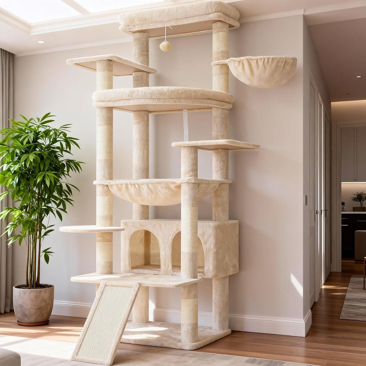 Cat Tree, 71-Inch Tall Tower for Indoor Cats with 2 Perches, 2 Big Condos, 2 Hammocks, Basket, Scratching Pad, Large Cat Furniture and Condo, Green HCT034GR