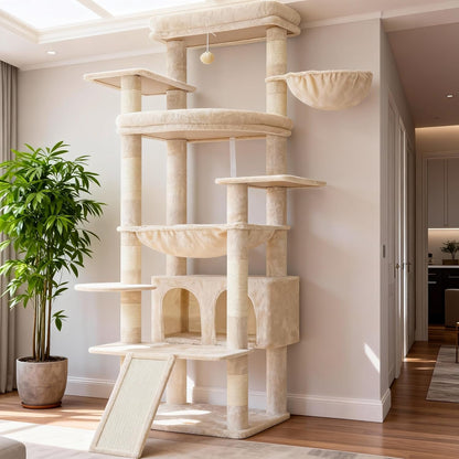 Cat Tree, 71-Inch Tall Tower for Indoor Cats with 2 Perches, 2 Big Condos, 2 Hammocks, Basket, Scratching Pad, Large Cat Furniture and Condo, Green HCT034GR