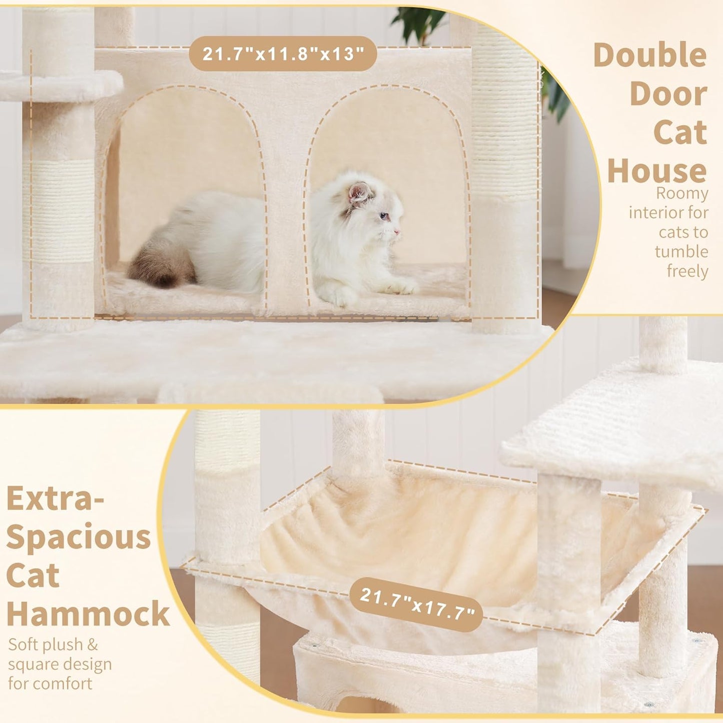 Cat Tree, 71-Inch Tall Tower for Indoor Cats with 2 Perches, 2 Big Condos, 2 Hammocks, Basket, Scratching Pad, Large Cat Furniture and Condo, Green HCT034GR