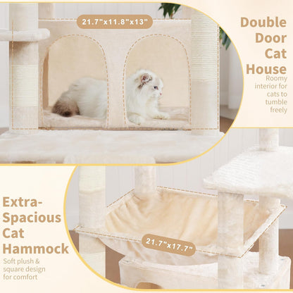 Cat Tree, 71-Inch Tall Tower for Indoor Cats with 2 Perches, 2 Big Condos, 2 Hammocks, Basket, Scratching Pad, Large Cat Furniture and Condo, Green HCT034GR