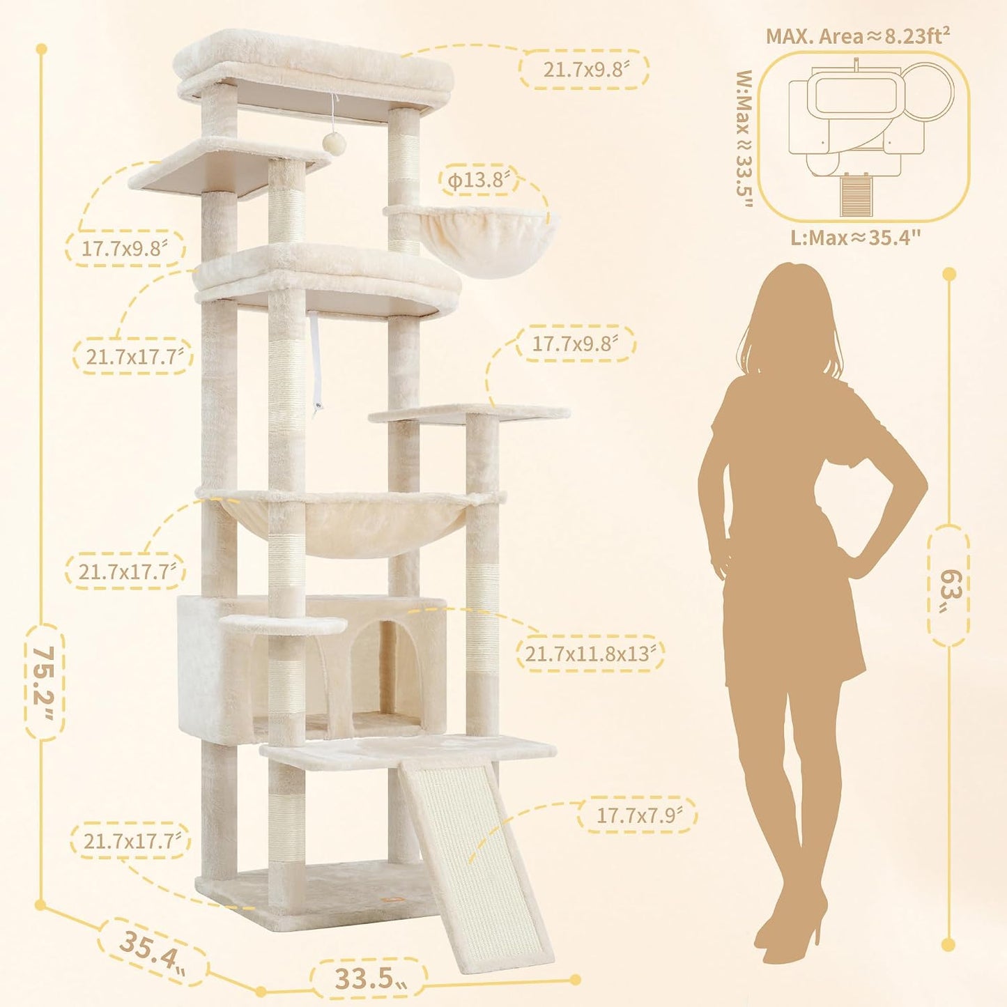 Cat Tree, 71-Inch Tall Tower for Indoor Cats with 2 Perches, 2 Big Condos, 2 Hammocks, Basket, Scratching Pad, Large Cat Furniture and Condo, Green HCT034GR