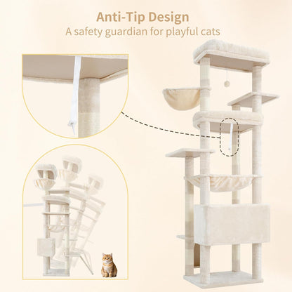 Cat Tree, 71-Inch Tall Tower for Indoor Cats with 2 Perches, 2 Big Condos, 2 Hammocks, Basket, Scratching Pad, Large Cat Furniture and Condo, Green HCT034GR