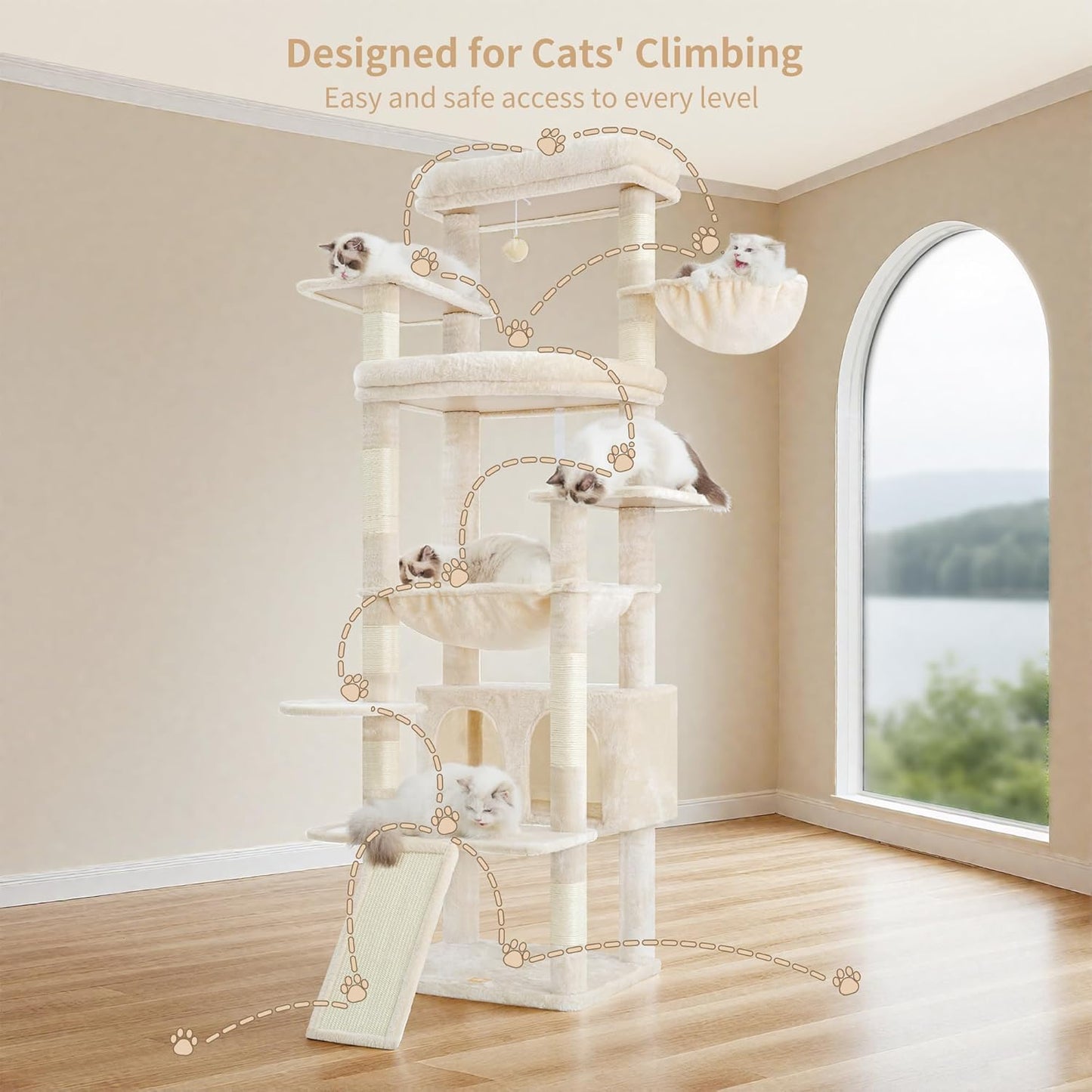 Cat Tree, 71-Inch Tall Tower for Indoor Cats with 2 Perches, 2 Big Condos, 2 Hammocks, Basket, Scratching Pad, Large Cat Furniture and Condo, Green HCT034GR