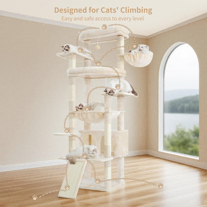Cat Tree, 71-Inch Tall Tower for Indoor Cats with 2 Perches, 2 Big Condos, 2 Hammocks, Basket, Scratching Pad, Large Cat Furniture and Condo, Green HCT034GR