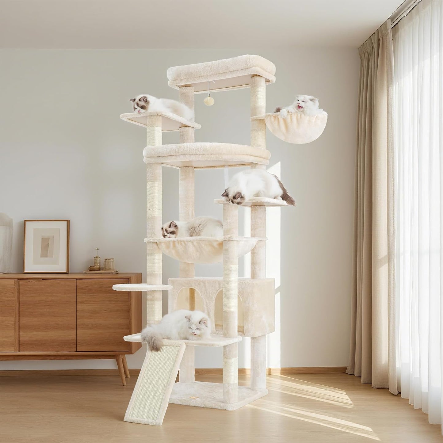 Cat Tree, 71-Inch Tall Tower for Indoor Cats with 2 Perches, 2 Big Condos, 2 Hammocks, Basket, Scratching Pad, Large Cat Furniture and Condo, Green HCT034GR