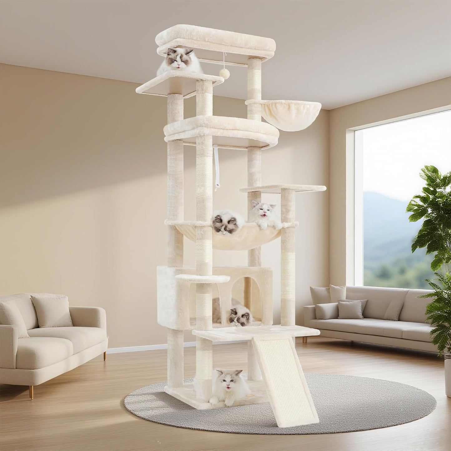 Cat Tree, 71-Inch Tall Tower for Indoor Cats with 2 Perches, 2 Big Condos, 2 Hammocks, Basket, Scratching Pad, Large Cat Furniture and Condo, Green HCT034GR