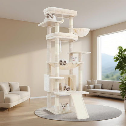 Cat Tree, 71-Inch Tall Tower for Indoor Cats with 2 Perches, 2 Big Condos, 2 Hammocks, Basket, Scratching Pad, Large Cat Furniture and Condo, Green HCT034GR