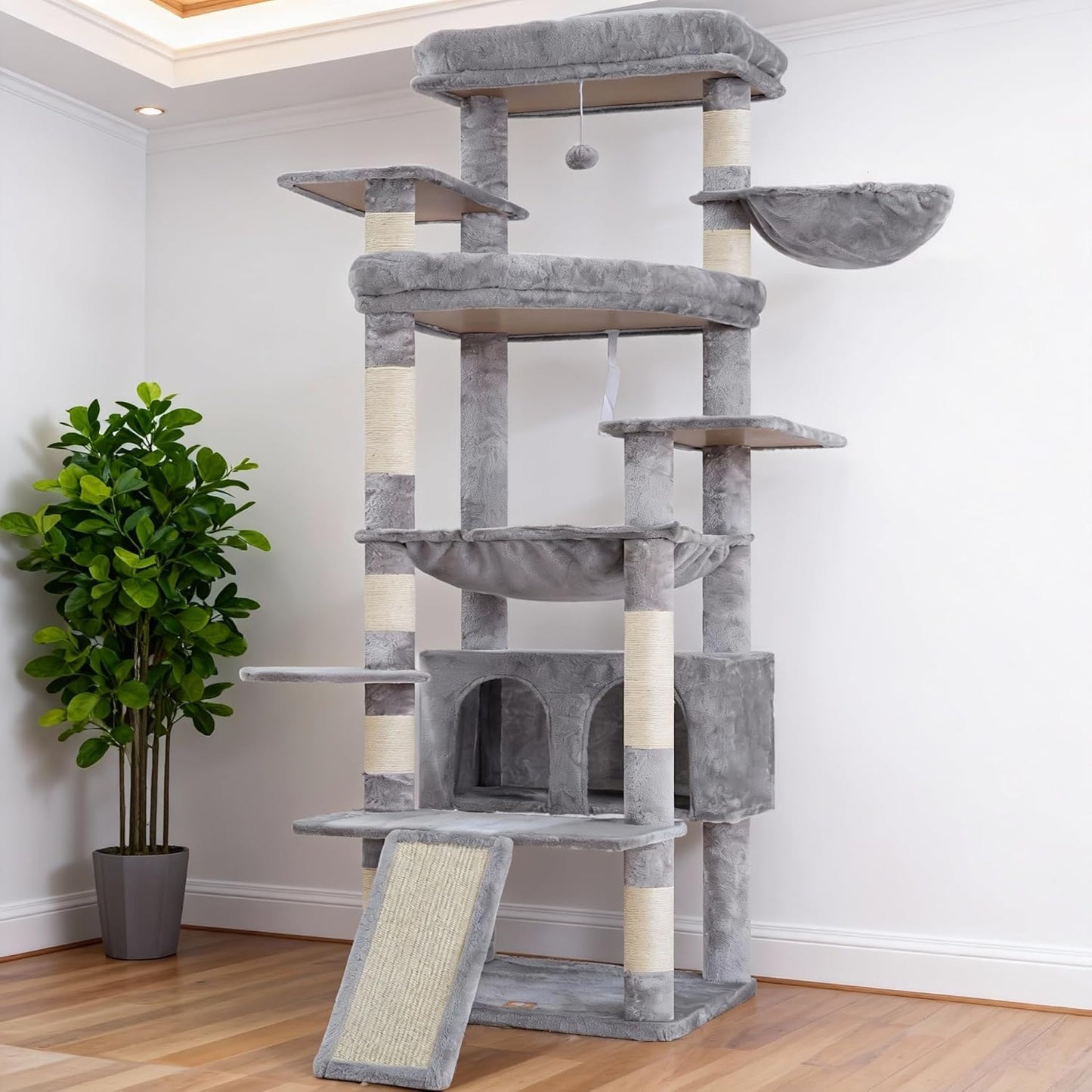 Cat Tree, 71-Inch Tall Tower for Indoor Cats with 2 Perches, 2 Big Condos, 2 Hammocks, Basket, Scratching Pad, Large Cat Furniture and Condo, Green HCT034GR