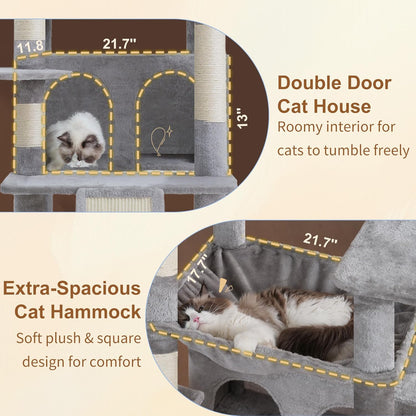 Cat Tree, 71-Inch Tall Tower for Indoor Cats with 2 Perches, 2 Big Condos, 2 Hammocks, Basket, Scratching Pad, Large Cat Furniture and Condo, Green HCT034GR