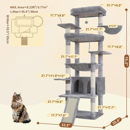 Cat Tree, 71-Inch Tall Tower for Indoor Cats with 2 Perches, 2 Big Condos, 2 Hammocks, Basket, Scratching Pad, Large Cat Furniture and Condo, Green HCT034GR