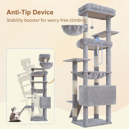 Cat Tree, 71-Inch Tall Tower for Indoor Cats with 2 Perches, 2 Big Condos, 2 Hammocks, Basket, Scratching Pad, Large Cat Furniture and Condo, Green HCT034GR