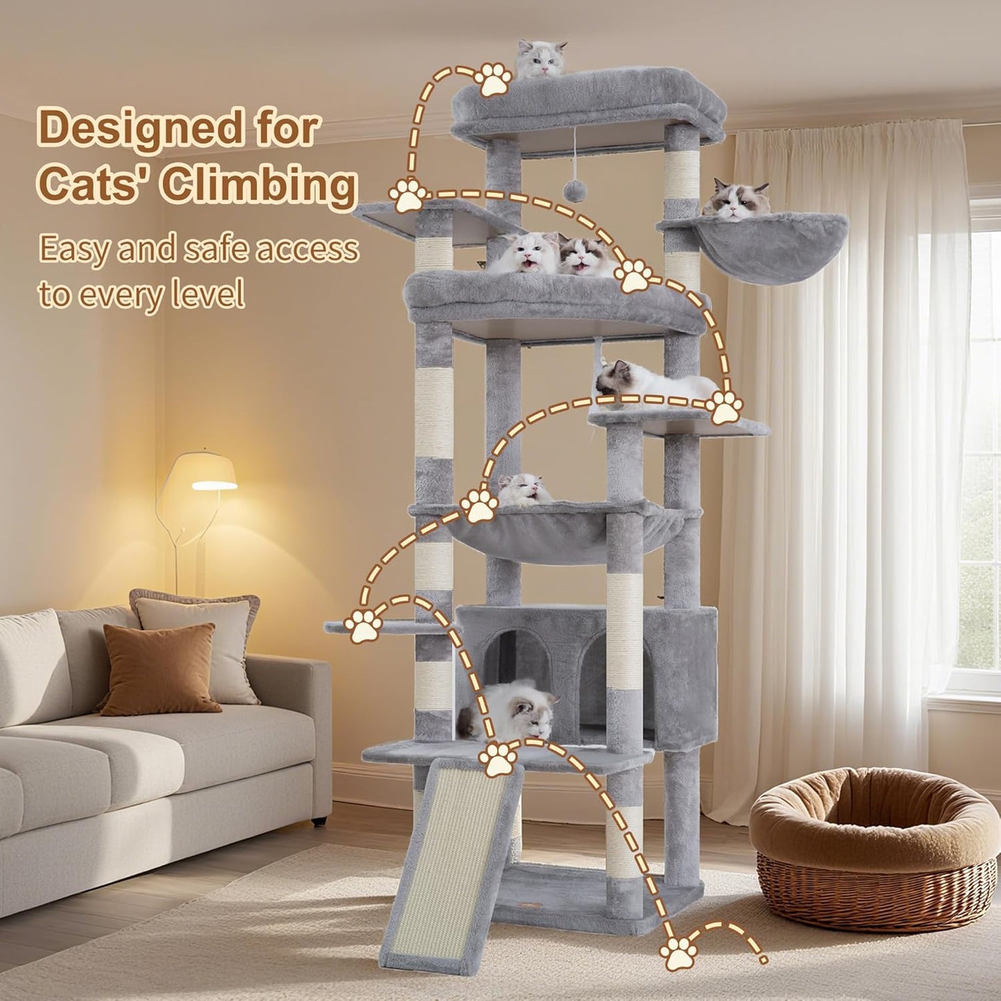 Cat Tree, 71-Inch Tall Tower for Indoor Cats with 2 Perches, 2 Big Condos, 2 Hammocks, Basket, Scratching Pad, Large Cat Furniture and Condo, Green HCT034GR