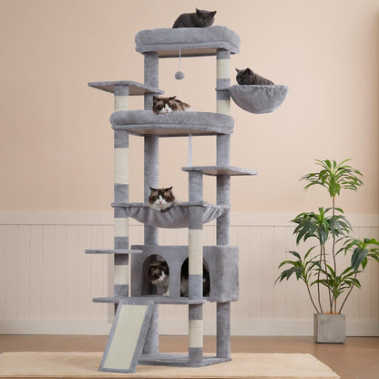 Cat Tree, 71-Inch Tall Tower for Indoor Cats with 2 Perches, 2 Big Condos, 2 Hammocks, Basket, Scratching Pad, Large Cat Furniture and Condo, Green HCT034GR