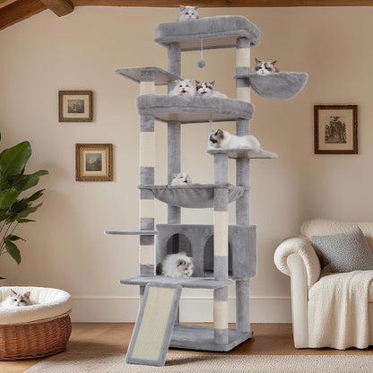 Cat Tree, 71-Inch Tall Tower for Indoor Cats with 2 Perches, 2 Big Condos, 2 Hammocks, Basket, Scratching Pad, Large Cat Furniture and Condo, Green HCT034GR