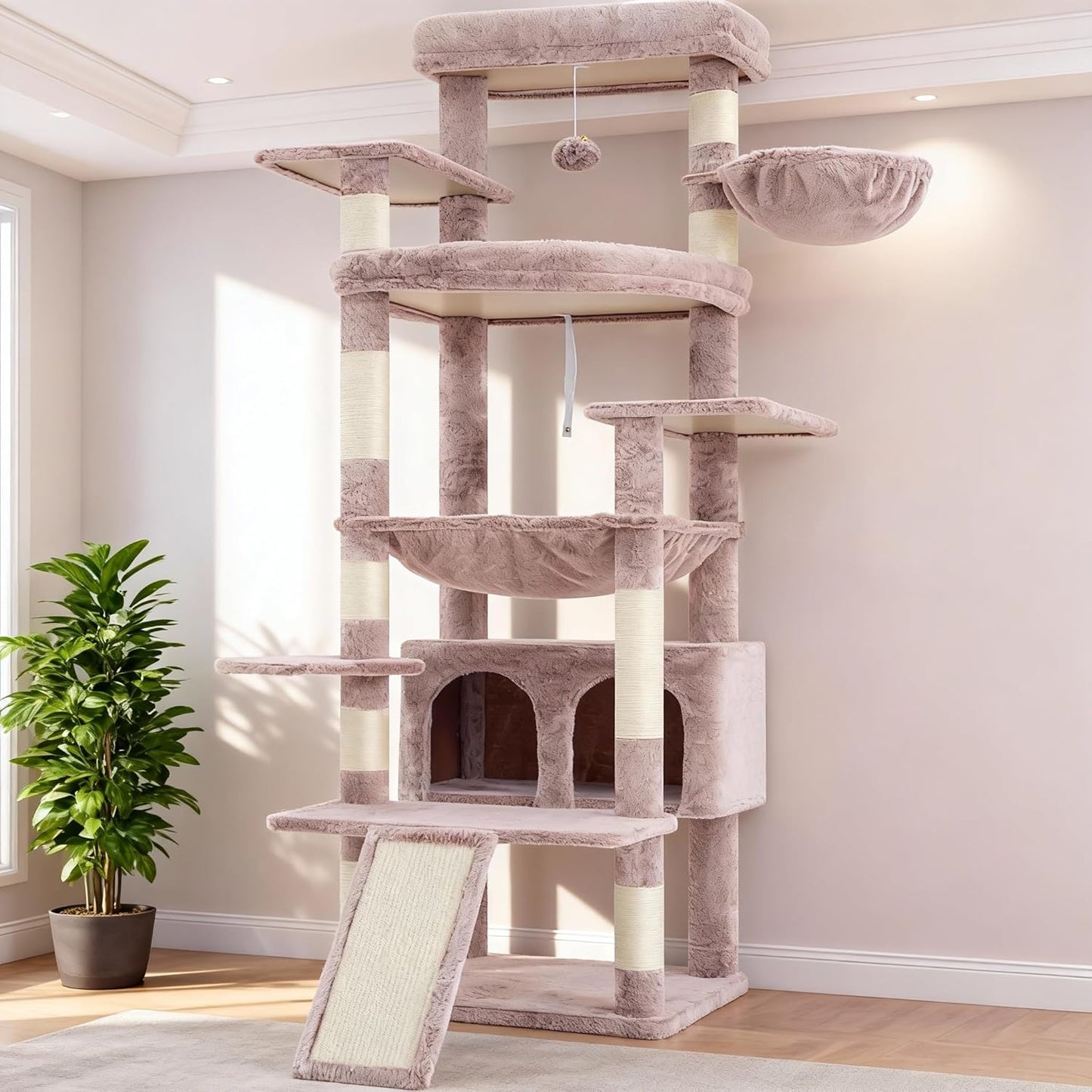 Cat Tree, 71-Inch Tall Tower for Indoor Cats with 2 Perches, 2 Big Condos, 2 Hammocks, Basket, Scratching Pad, Large Cat Furniture and Condo, Green HCT034GR