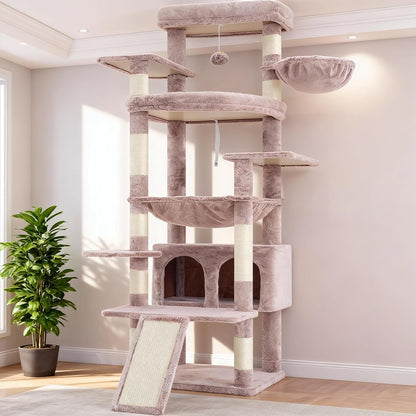 Cat Tree, 71-Inch Tall Tower for Indoor Cats with 2 Perches, 2 Big Condos, 2 Hammocks, Basket, Scratching Pad, Large Cat Furniture and Condo, Green HCT034GR