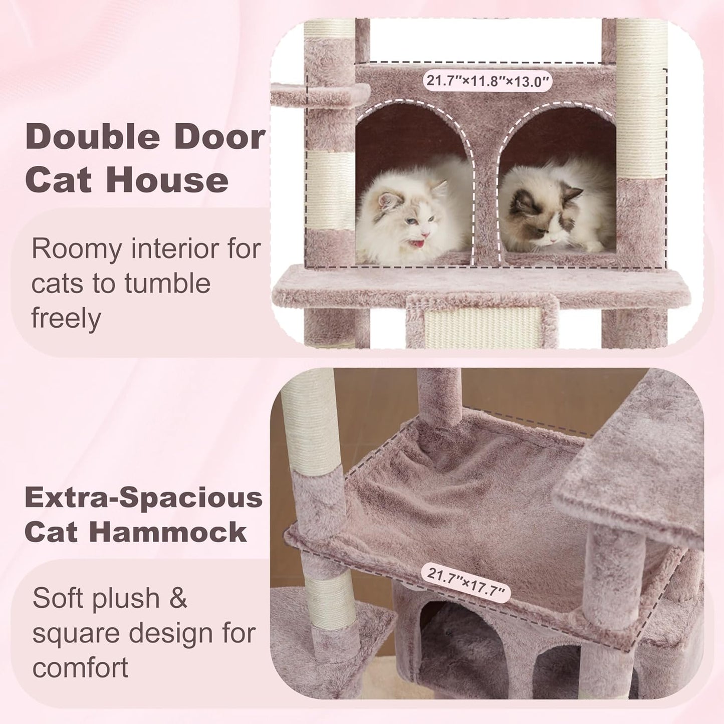 Cat Tree, 71-Inch Tall Tower for Indoor Cats with 2 Perches, 2 Big Condos, 2 Hammocks, Basket, Scratching Pad, Large Cat Furniture and Condo, Green HCT034GR