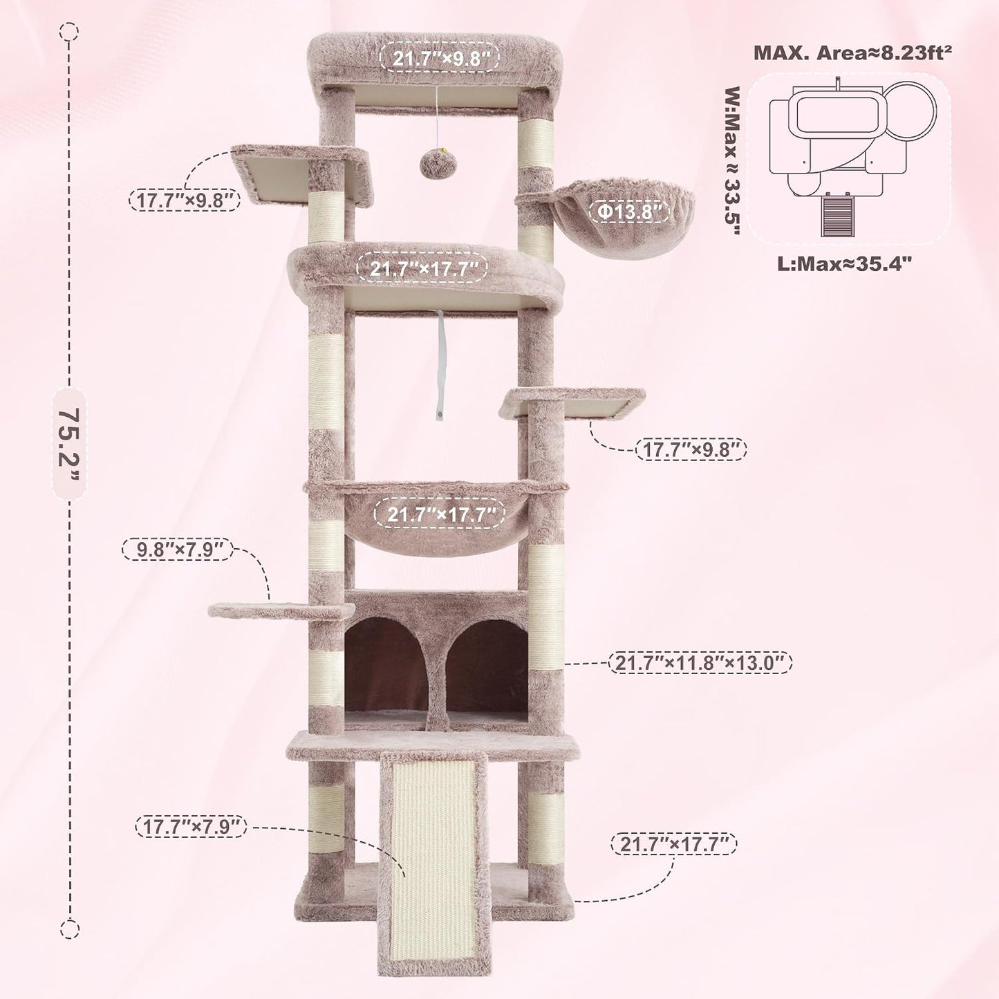 Cat Tree, 71-Inch Tall Tower for Indoor Cats with 2 Perches, 2 Big Condos, 2 Hammocks, Basket, Scratching Pad, Large Cat Furniture and Condo, Green HCT034GR