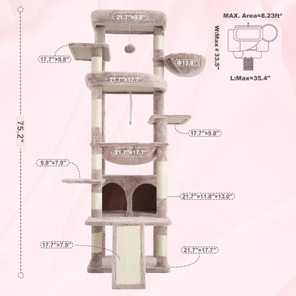 Cat Tree, 71-Inch Tall Tower for Indoor Cats with 2 Perches, 2 Big Condos, 2 Hammocks, Basket, Scratching Pad, Large Cat Furniture and Condo, Green HCT034GR