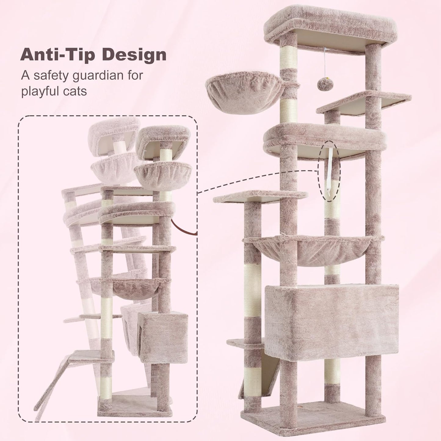 Cat Tree, 71-Inch Tall Tower for Indoor Cats with 2 Perches, 2 Big Condos, 2 Hammocks, Basket, Scratching Pad, Large Cat Furniture and Condo, Green HCT034GR