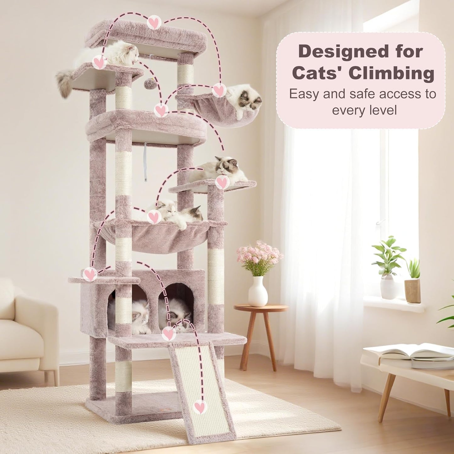 Cat Tree, 71-Inch Tall Tower for Indoor Cats with 2 Perches, 2 Big Condos, 2 Hammocks, Basket, Scratching Pad, Large Cat Furniture and Condo, Green HCT034GR