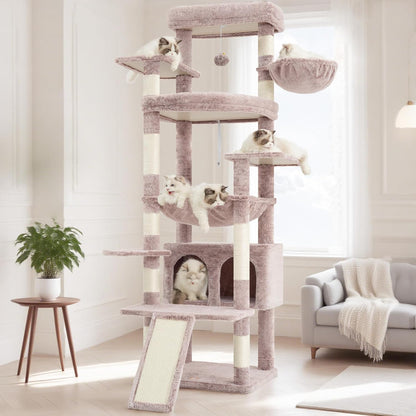 Cat Tree, 71-Inch Tall Tower for Indoor Cats with 2 Perches, 2 Big Condos, 2 Hammocks, Basket, Scratching Pad, Large Cat Furniture and Condo, Green HCT034GR