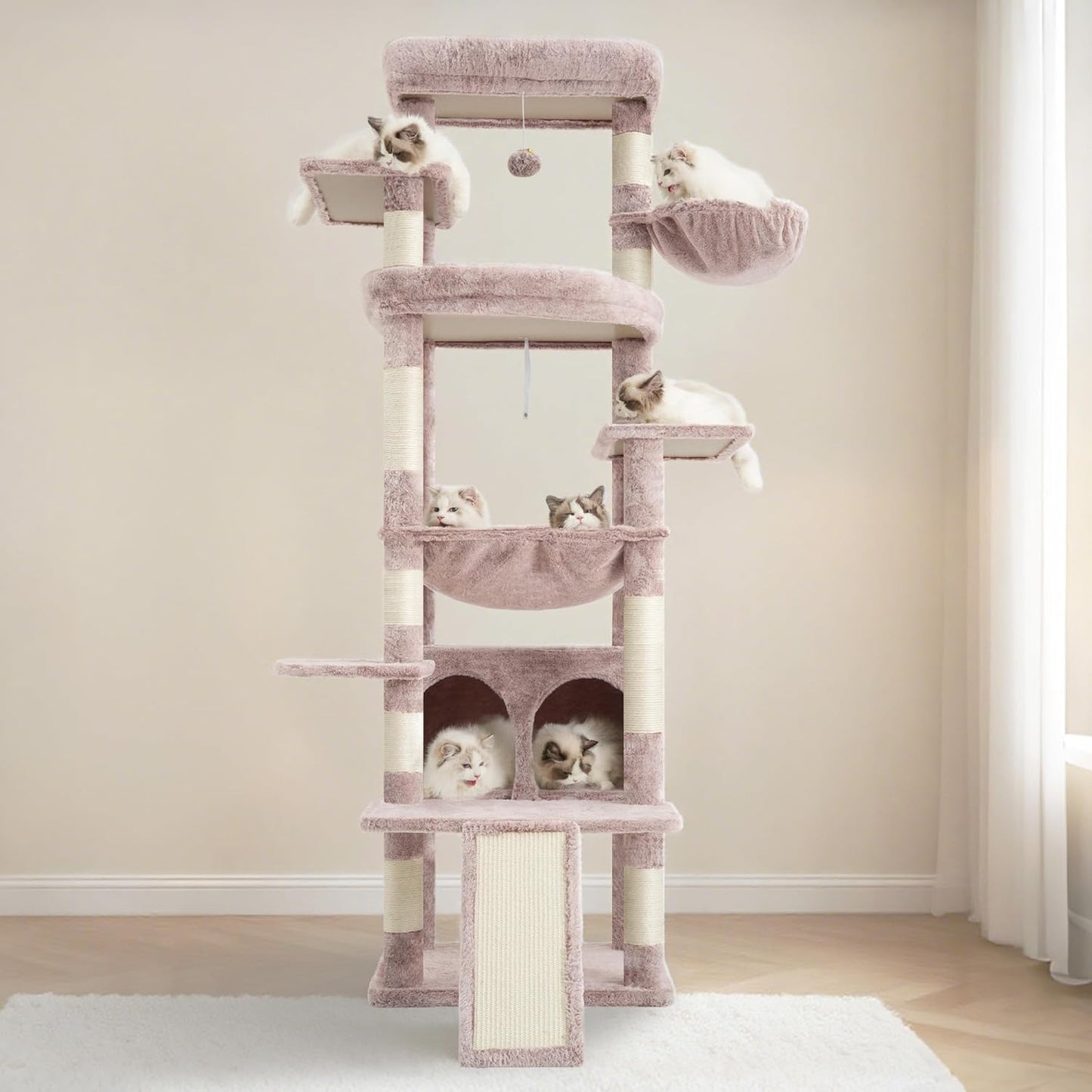 Cat Tree, 71-Inch Tall Tower for Indoor Cats with 2 Perches, 2 Big Condos, 2 Hammocks, Basket, Scratching Pad, Large Cat Furniture and Condo, Green HCT034GR
