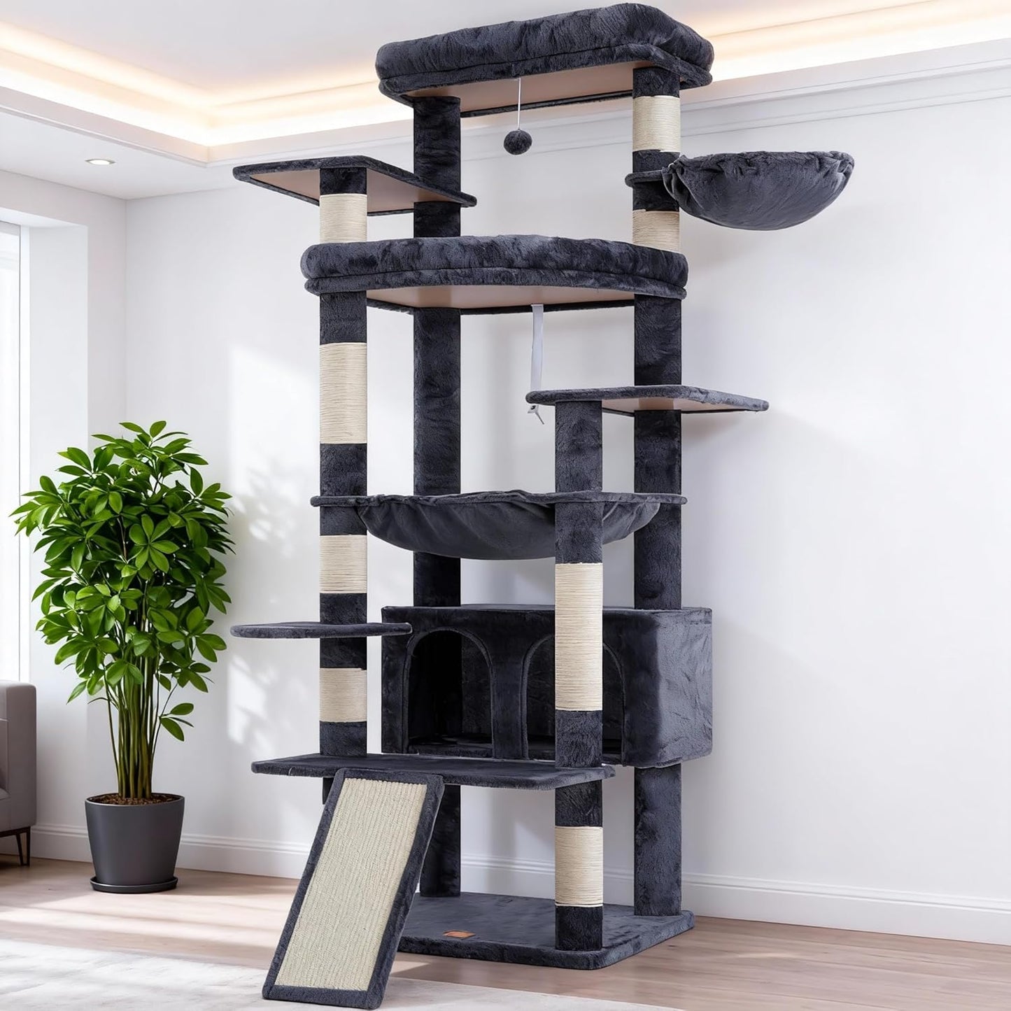 Cat Tree, 71-Inch Tall Tower for Indoor Cats with 2 Perches, 2 Big Condos, 2 Hammocks, Basket, Scratching Pad, Large Cat Furniture and Condo, Green HCT034GR