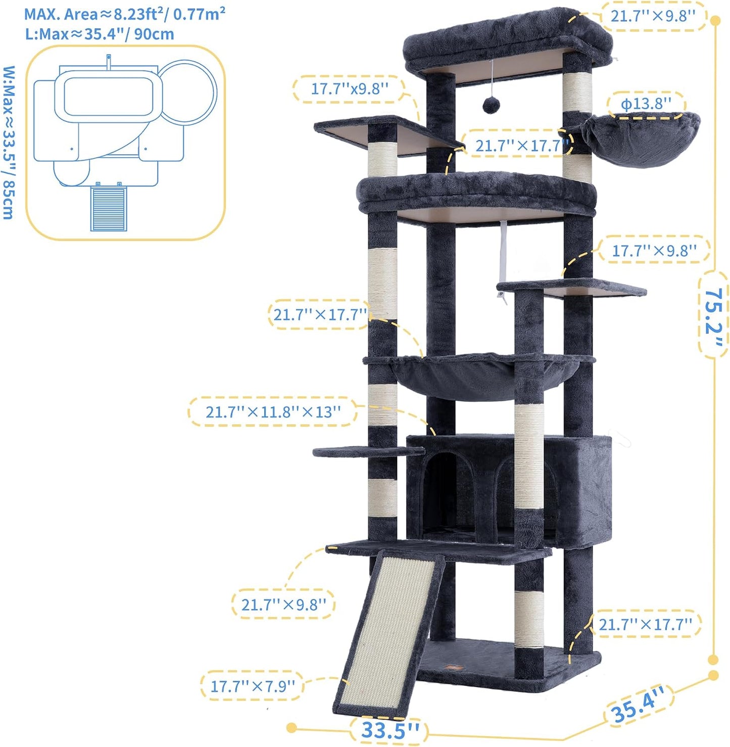 Cat Tree, 71-Inch Tall Tower for Indoor Cats with 2 Perches, 2 Big Condos, 2 Hammocks, Basket, Scratching Pad, Large Cat Furniture and Condo, Green HCT034GR