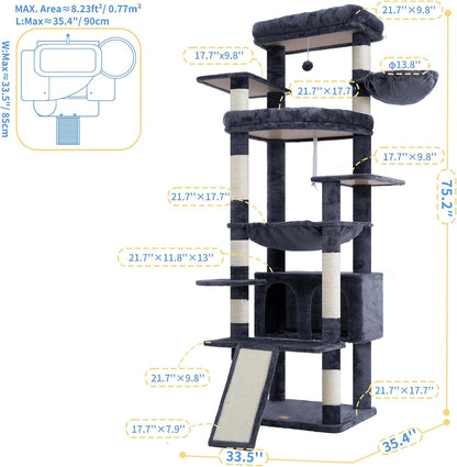 Cat Tree, 71-Inch Tall Tower for Indoor Cats with 2 Perches, 2 Big Condos, 2 Hammocks, Basket, Scratching Pad, Large Cat Furniture and Condo, Green HCT034GR
