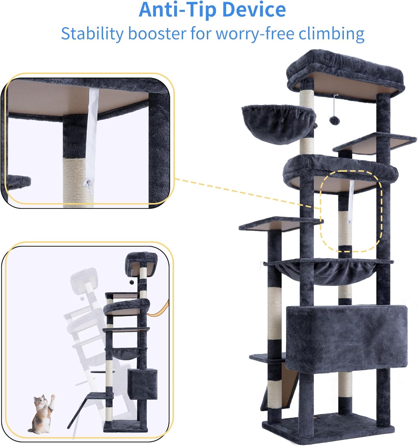 Cat Tree, 71-Inch Tall Tower for Indoor Cats with 2 Perches, 2 Big Condos, 2 Hammocks, Basket, Scratching Pad, Large Cat Furniture and Condo, Green HCT034GR