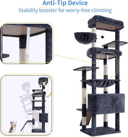 Cat Tree, 71-Inch Tall Tower for Indoor Cats with 2 Perches, 2 Big Condos, 2 Hammocks, Basket, Scratching Pad, Large Cat Furniture and Condo, Green HCT034GR
