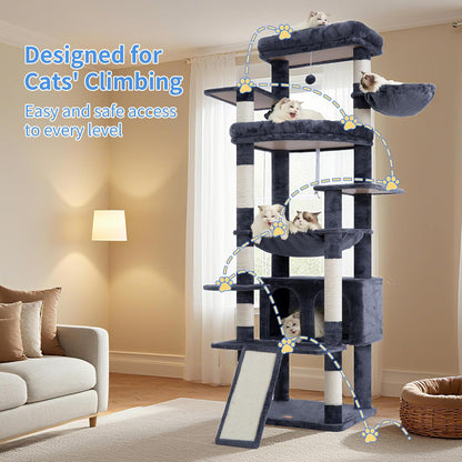 Cat Tree, 71-Inch Tall Tower for Indoor Cats with 2 Perches, 2 Big Condos, 2 Hammocks, Basket, Scratching Pad, Large Cat Furniture and Condo, Green HCT034GR