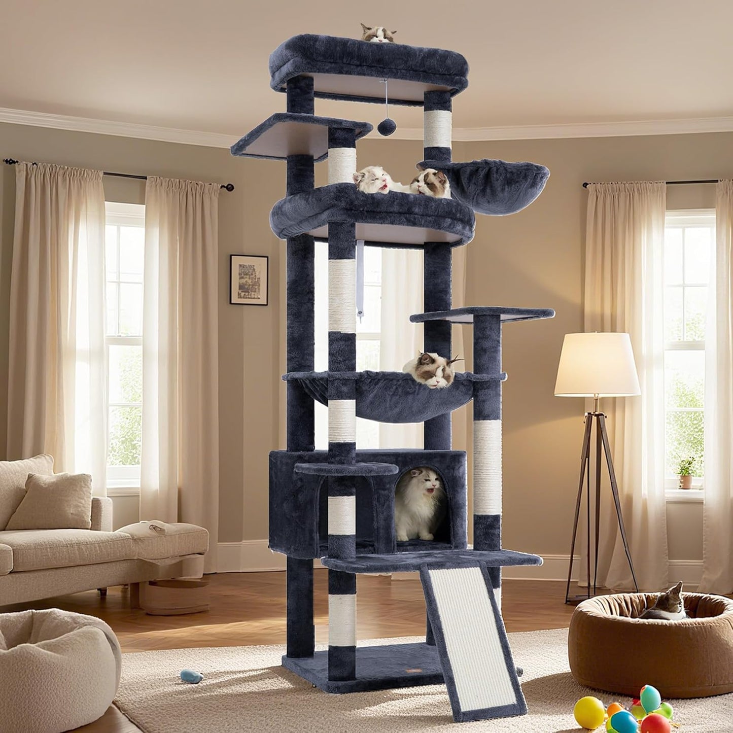 Cat Tree, 71-Inch Tall Tower for Indoor Cats with 2 Perches, 2 Big Condos, 2 Hammocks, Basket, Scratching Pad, Large Cat Furniture and Condo, Green HCT034GR