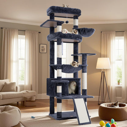 Cat Tree, 71-Inch Tall Tower for Indoor Cats with 2 Perches, 2 Big Condos, 2 Hammocks, Basket, Scratching Pad, Large Cat Furniture and Condo, Green HCT034GR