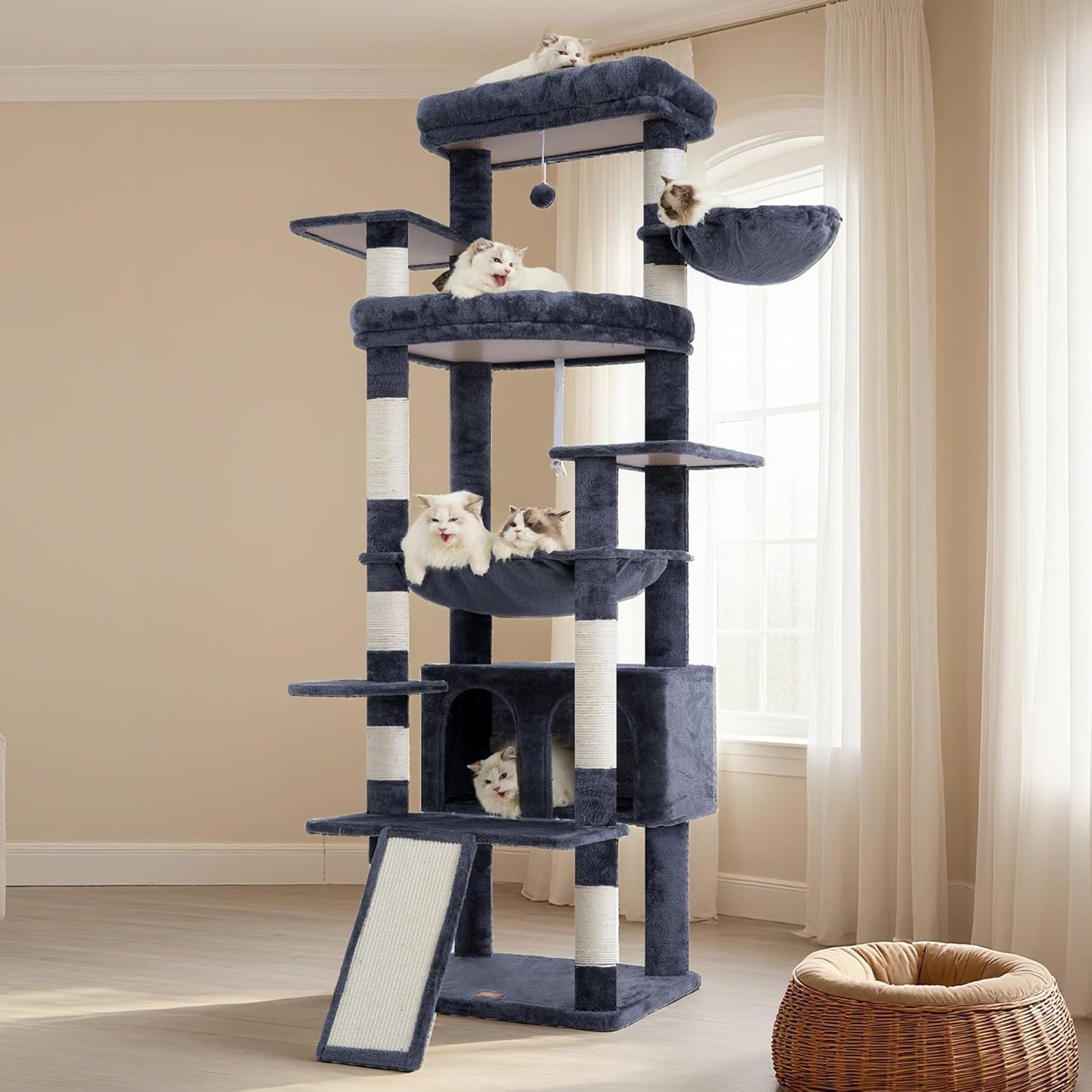 Cat Tree, 71-Inch Tall Tower for Indoor Cats with 2 Perches, 2 Big Condos, 2 Hammocks, Basket, Scratching Pad, Large Cat Furniture and Condo, Green HCT034GR