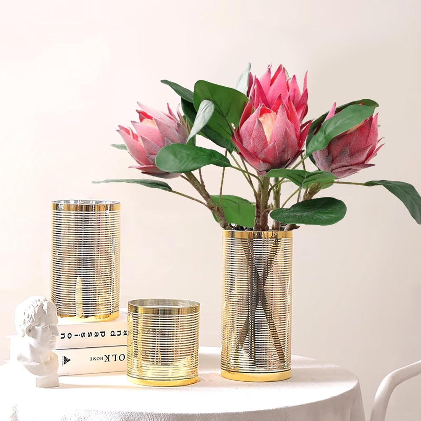 3 Pcs Artificial Protea Flowers, Real Touch Faux Pink King Protea Arrangements for Home, Wedding, Party, Office Table Centerpiece Decor