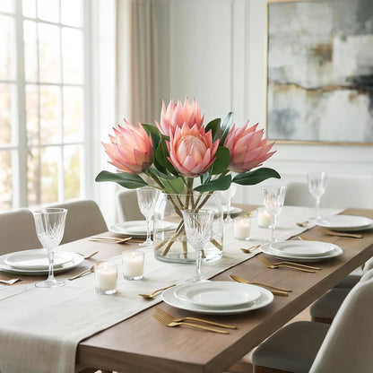 3 Pcs Artificial Protea Flowers, Real Touch Faux Pink King Protea Arrangements for Home, Wedding, Party, Office Table Centerpiece Decor