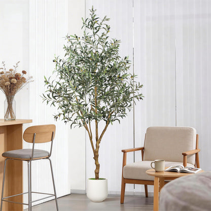 6FT Olive Trees Artificial Indoor - Realistic Artificial Olive Tree Indoor with White Planter, Large Full Fake Plants with Lifelike Fruits and Leaves for Modern Home Office Living Room Decor