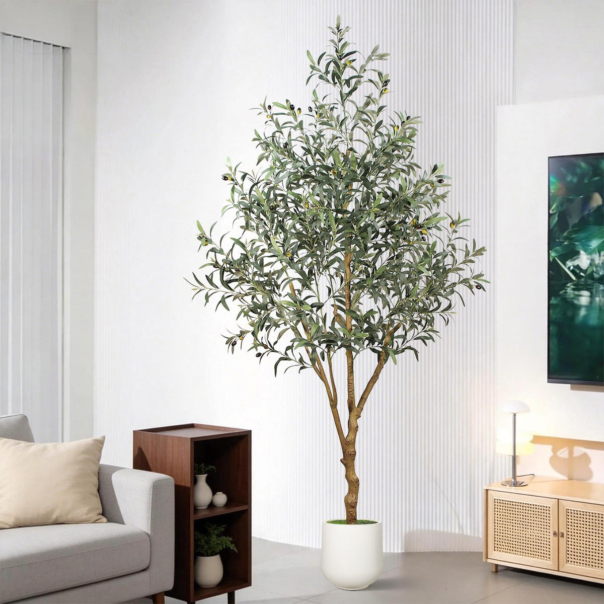 6FT Olive Trees Artificial Indoor - Realistic Artificial Olive Tree Indoor with White Planter, Large Full Fake Plants with Lifelike Fruits and Leaves for Modern Home Office Living Room Decor