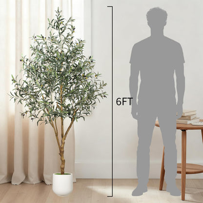 6FT Olive Trees Artificial Indoor - Realistic Artificial Olive Tree Indoor with White Planter, Large Full Fake Plants with Lifelike Fruits and Leaves for Modern Home Office Living Room Decor