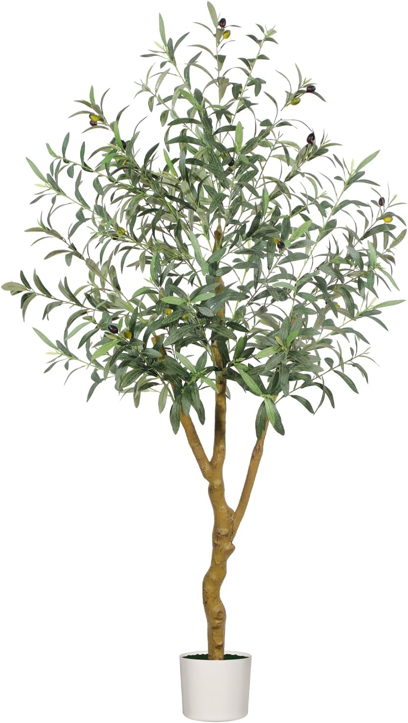 6FT Olive Trees Artificial Indoor - Realistic Artificial Olive Tree Indoor with White Planter, Large Full Fake Plants with Lifelike Fruits and Leaves for Modern Home Office Living Room Decor