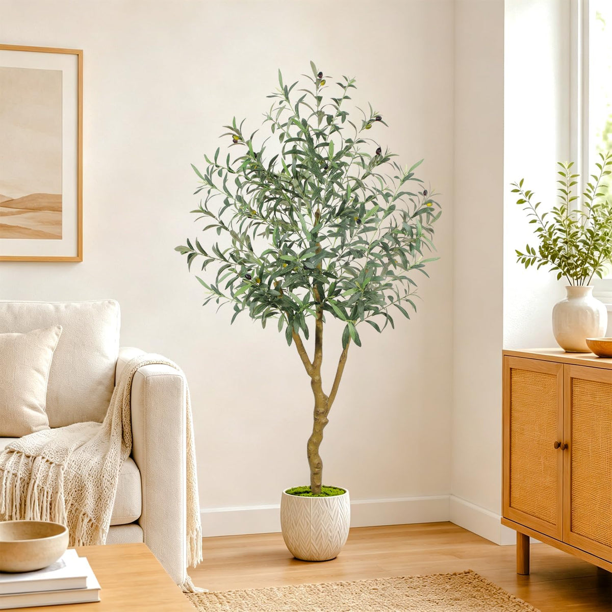 6FT Olive Trees Artificial Indoor - Realistic Artificial Olive Tree Indoor with White Planter, Large Full Fake Plants with Lifelike Fruits and Leaves for Modern Home Office Living Room Decor