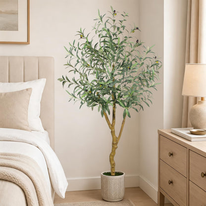 6FT Olive Trees Artificial Indoor - Realistic Artificial Olive Tree Indoor with White Planter, Large Full Fake Plants with Lifelike Fruits and Leaves for Modern Home Office Living Room Decor