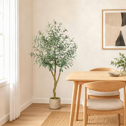 6FT Olive Trees Artificial Indoor - Realistic Artificial Olive Tree Indoor with White Planter, Large Full Fake Plants with Lifelike Fruits and Leaves for Modern Home Office Living Room Decor