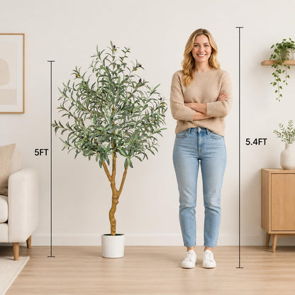 6FT Olive Trees Artificial Indoor - Realistic Artificial Olive Tree Indoor with White Planter, Large Full Fake Plants with Lifelike Fruits and Leaves for Modern Home Office Living Room Decor