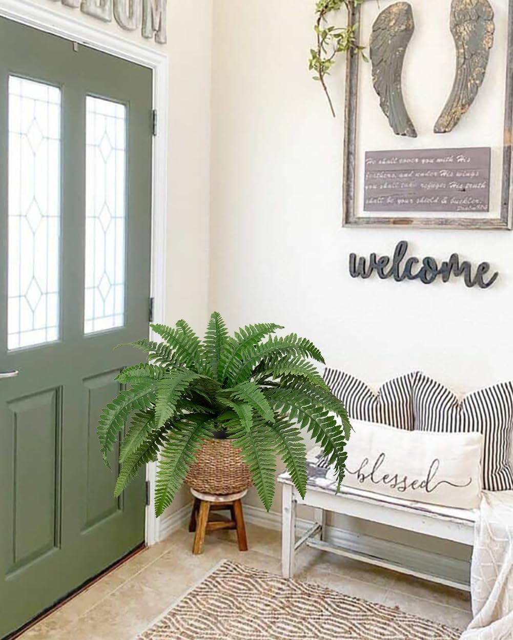17.7" Fake Fern Potted Plant Small Artificial Boston Ferns in Pot 25 Leaves for Outdoors & Indoor Faux Fern Bush Plant for Patio Garden Farmhouse Windowsill Office Living Room Home Decor