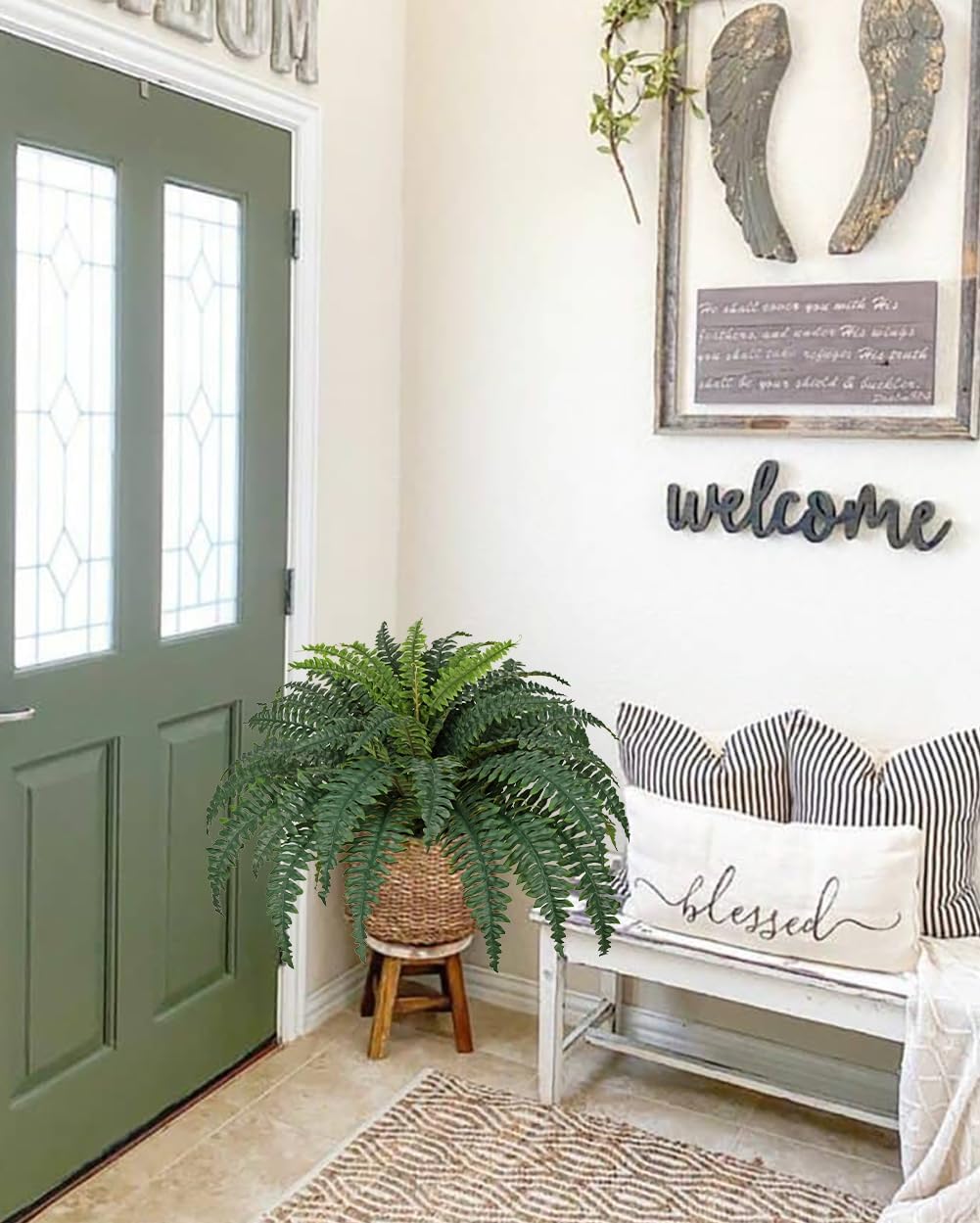 17.7" Fake Fern Potted Plant Small Artificial Boston Ferns in Pot 25 Leaves for Outdoors & Indoor Faux Fern Bush Plant for Patio Garden Farmhouse Windowsill Office Living Room Home Decor
